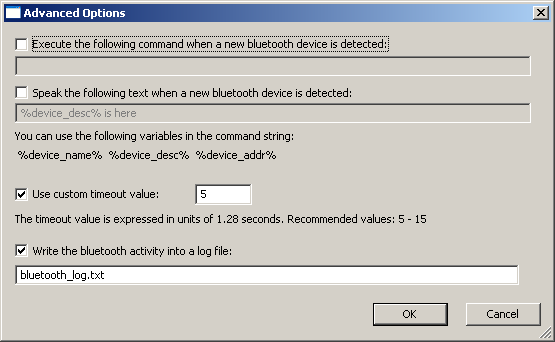 BluetoothView Advanced Options Window