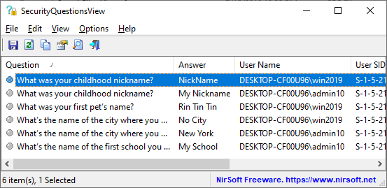 Windows 10 security questions viewer
