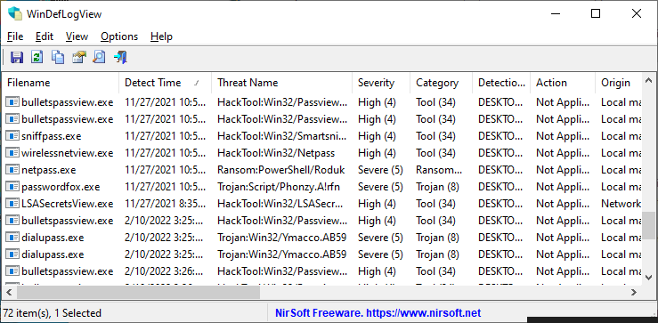 Windows Defender Detected Threats Log